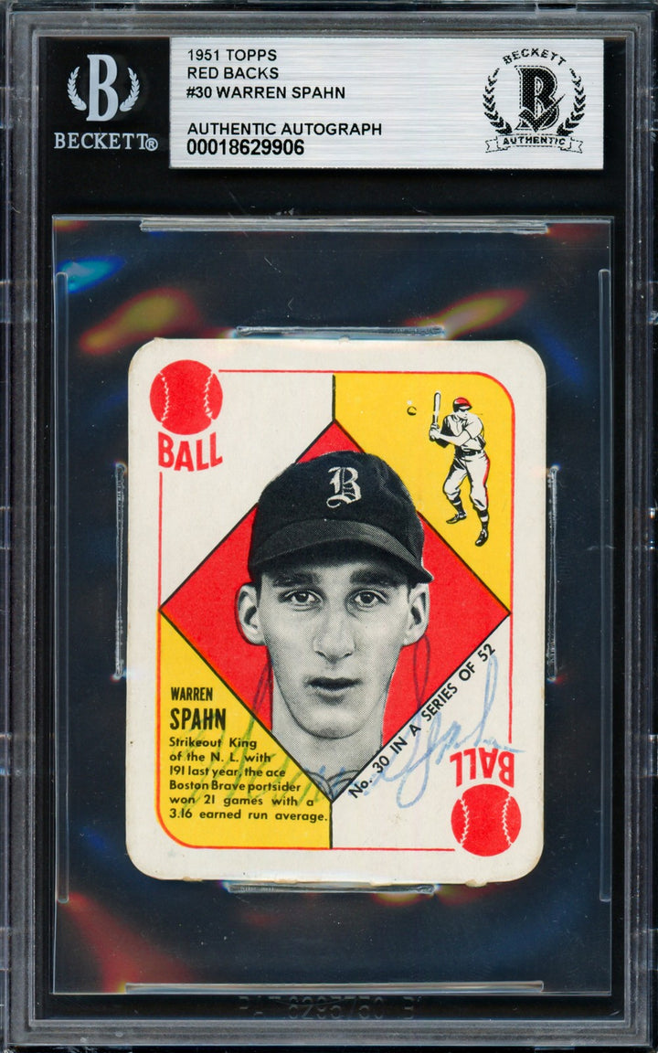 Warren Spahn Signed 1951 Topps Red Back Card 30 Boston Braves Beckett #18629906