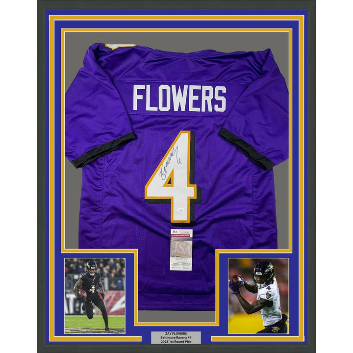 Framed Autographed/Signed Zay Flowers 35x39 Baltimore Purple Jersey JSA COA