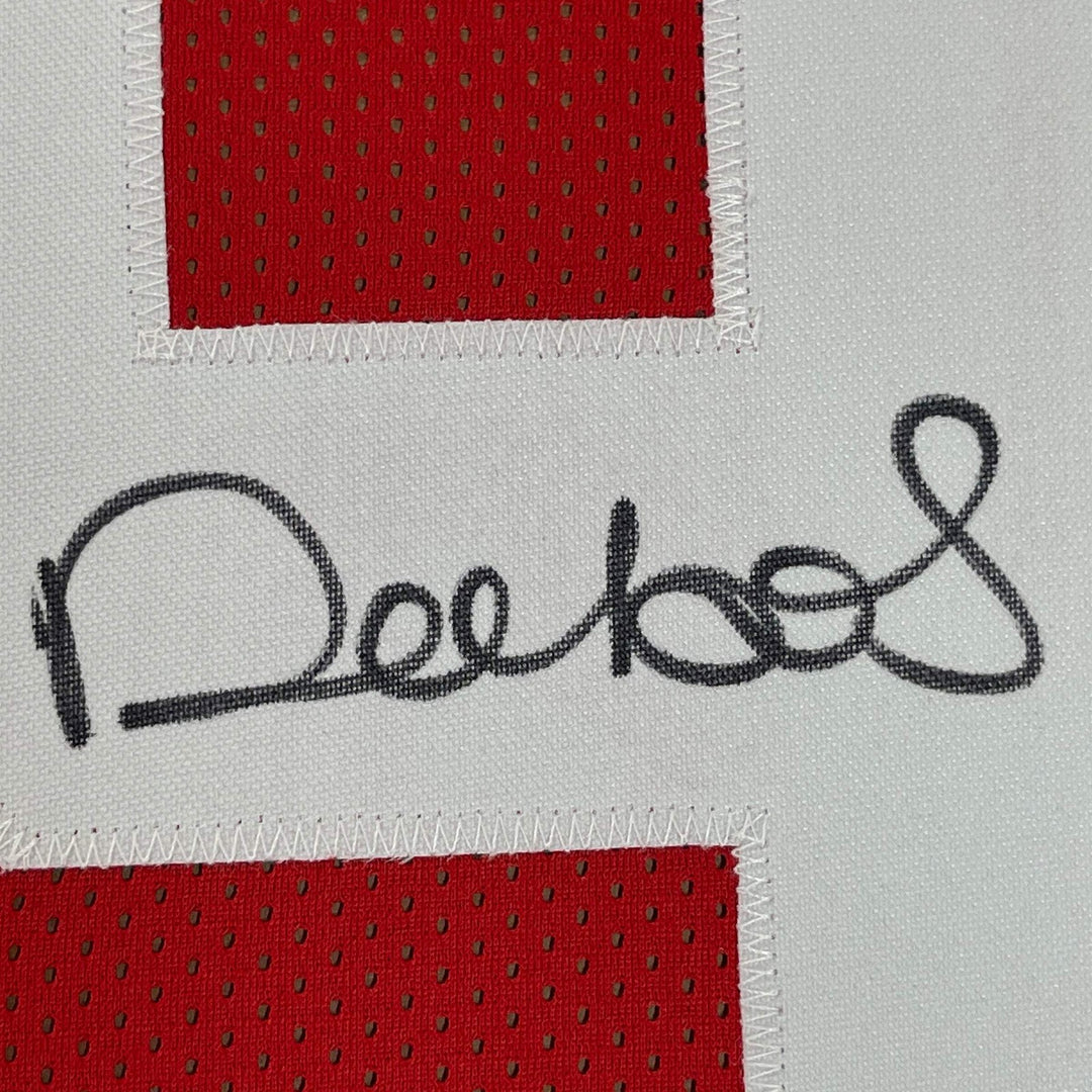 FRAMED Autographed/Signed DEEBO SAMUEL 33x42 San Francisco Red Jersey JSA COA