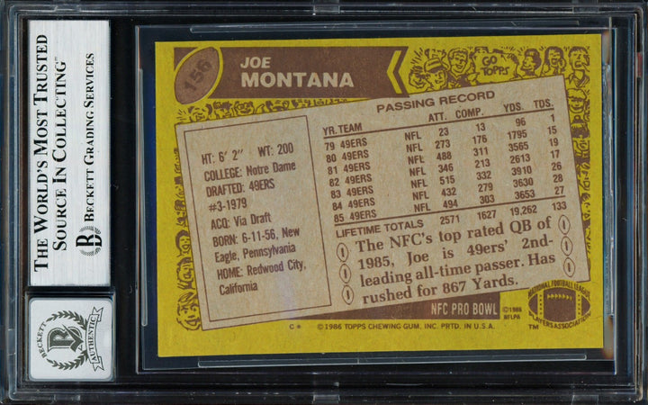Joe Montana Signed 1986 Topps Card 156 San Francisco 49ers Auto GM 10 Beckett