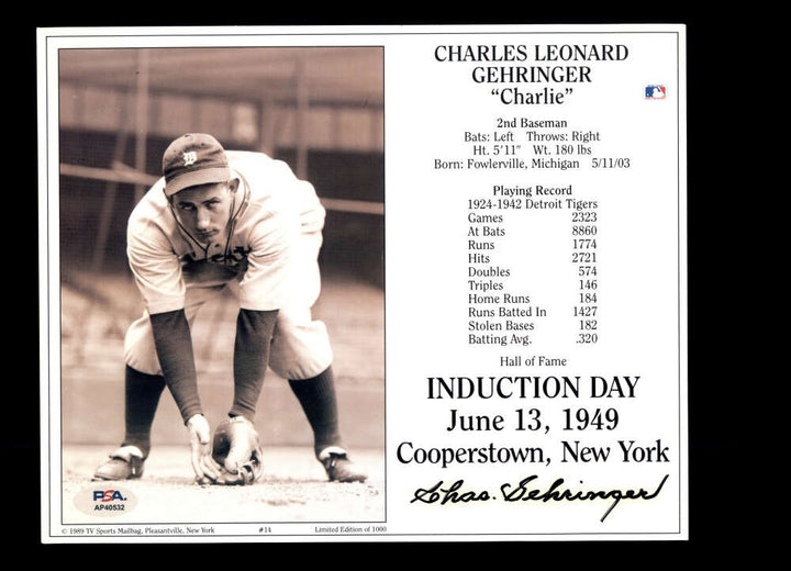 Charlie Gehringer PSA DNA Signed 8x10 Photo Autograph Tigers
