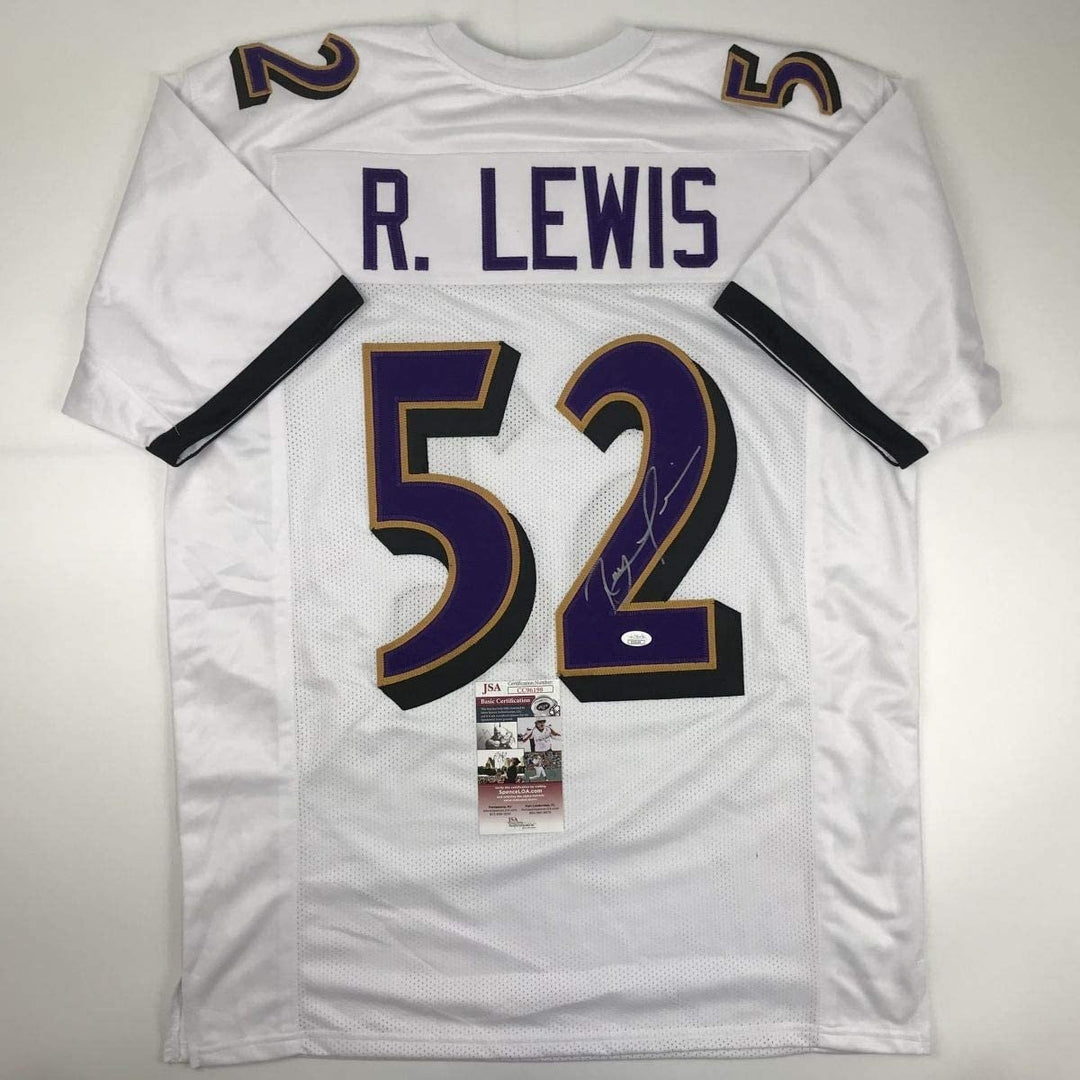 Autographed/Signed RAY LEWIS Baltimore White Football Jersey JSA COA Auto