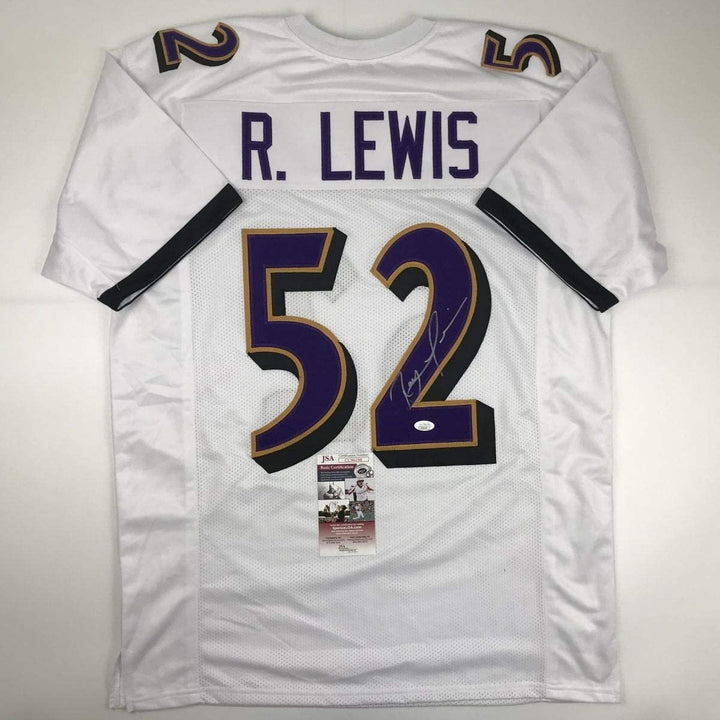 Autographed/Signed RAY LEWIS Baltimore White Football Jersey JSA COA Auto