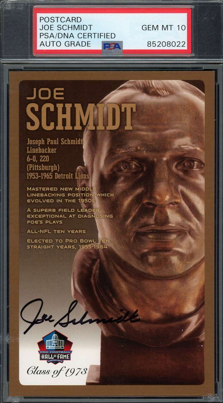 Joe Schmidt Gem Mint 10 PSA DNA Signed Hall of Fame Bronze Bust Postcard /150 Au