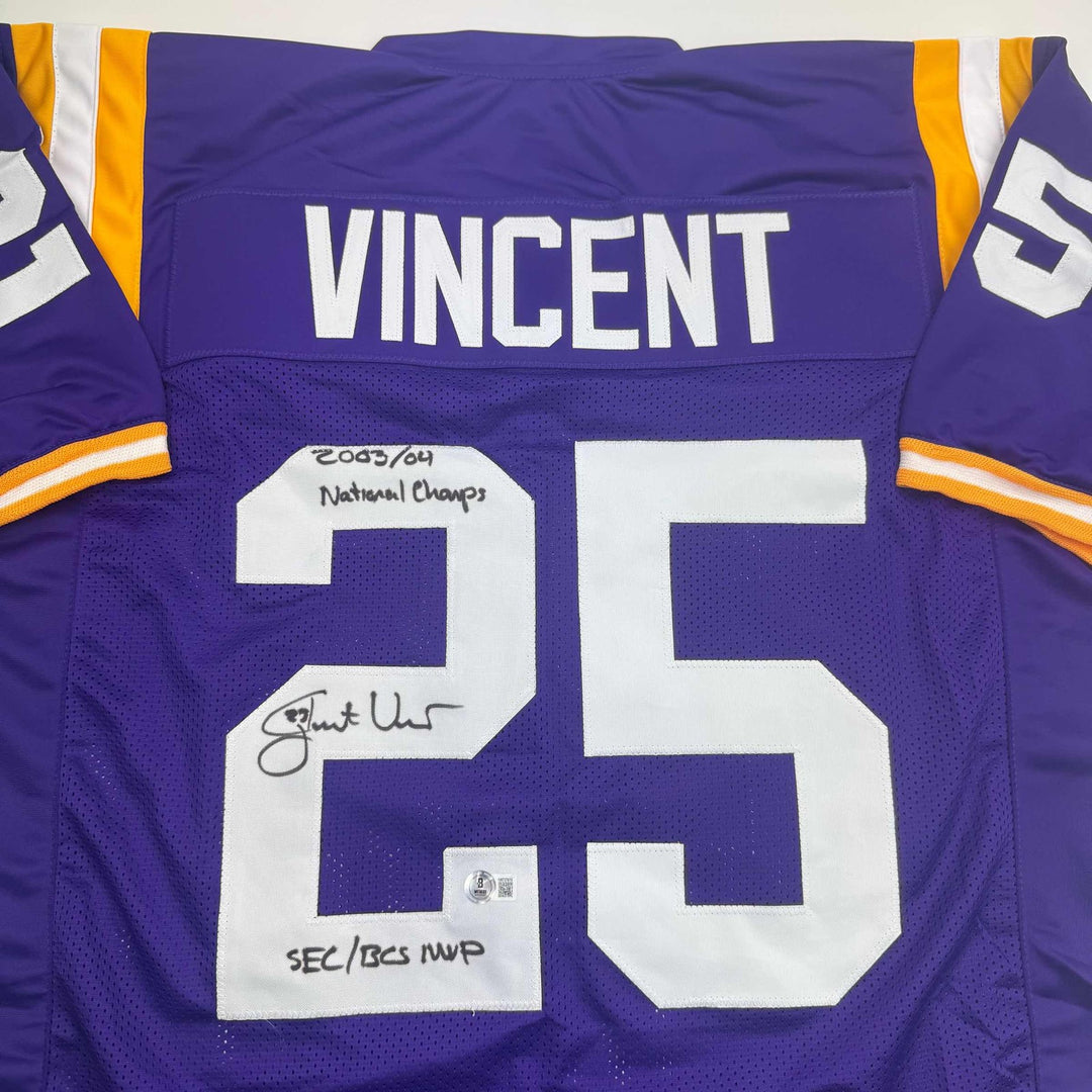 Autographed/Signed Justin Vincent LSU Purple College Jersey Beckett BAS COA