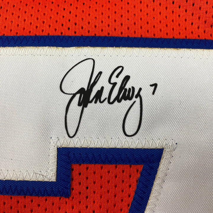 Facsimile Autographed John Elway Denver Orange Retro Laser Jersey Size Men's XL