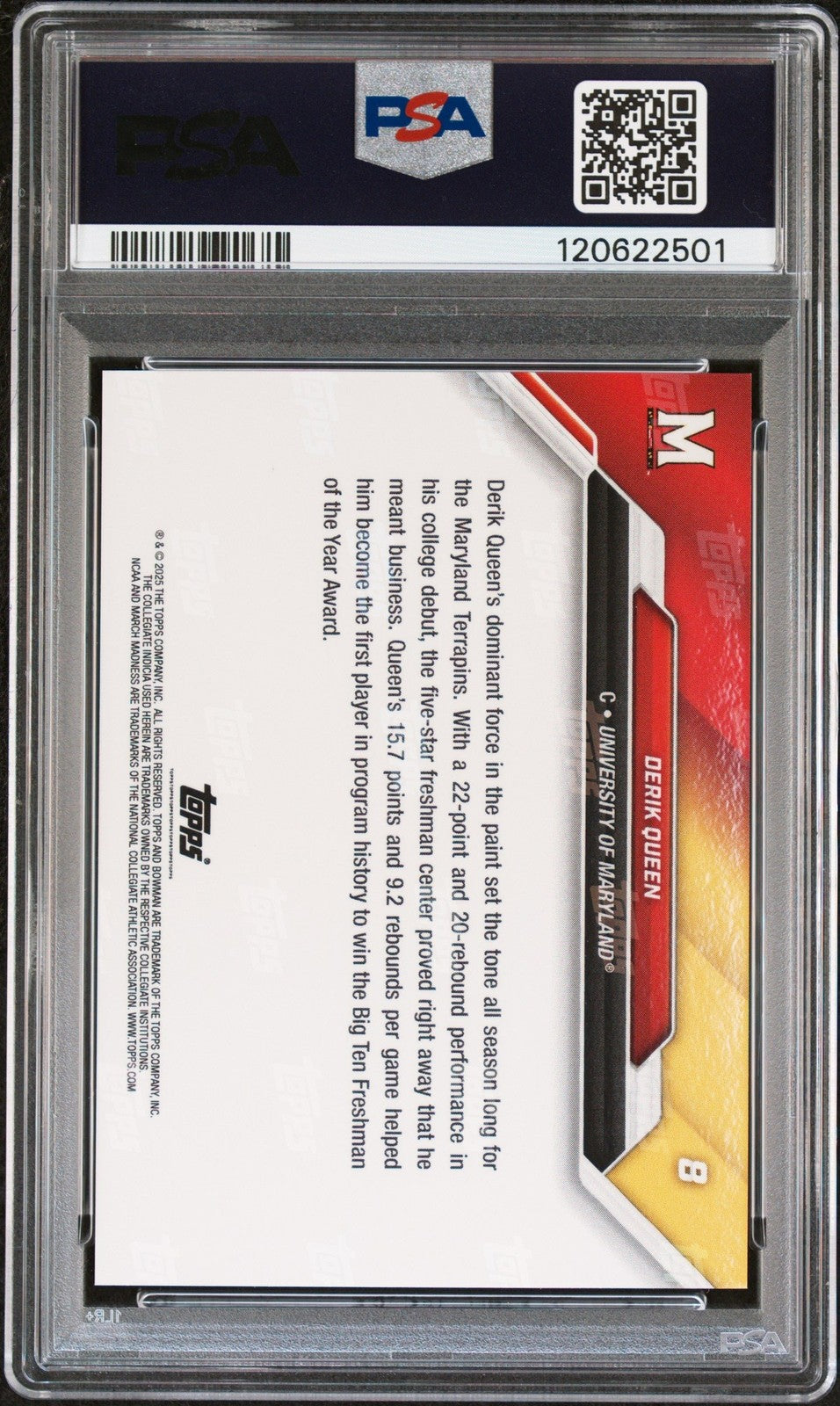 Graded 2025 Bowman U Now Derik Queen #8 March Madness RC Card PSA 10