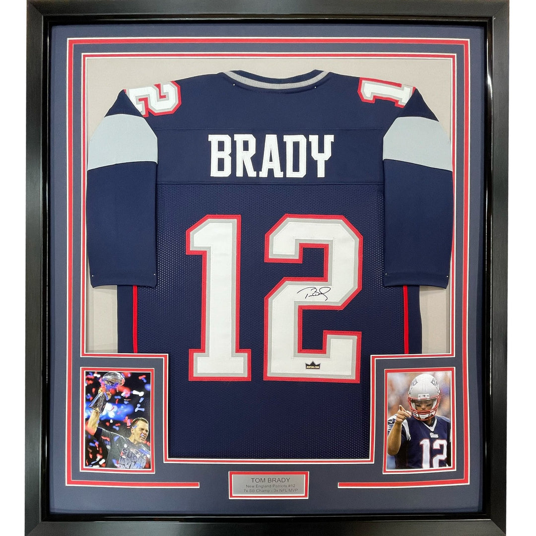 Framed Facsimile Autographed Tom Brady 35x39 Blue Reprint Laser Auto Jersey