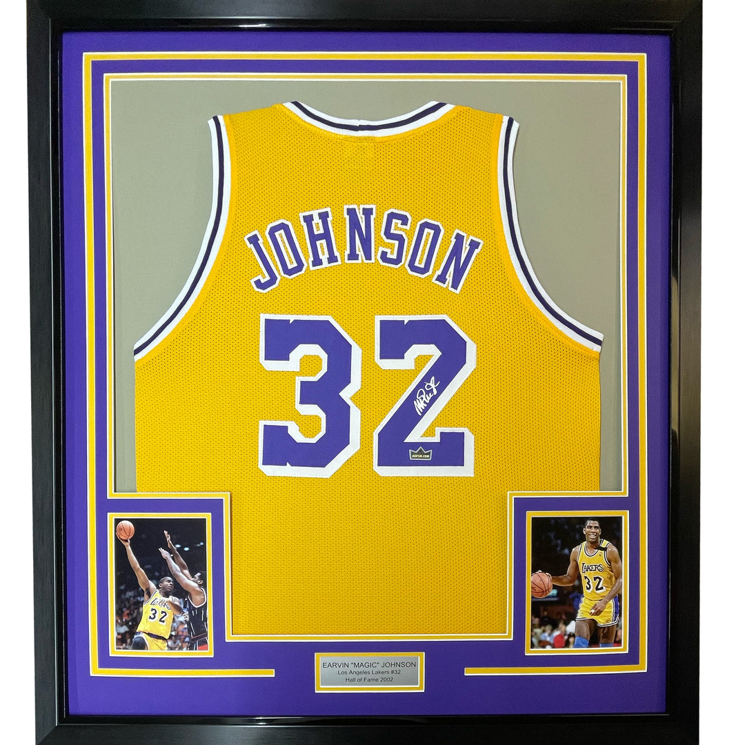 Framed Facsimile Autographed Earvin Magic Johnson 33x42 Reprint Auto Jersey