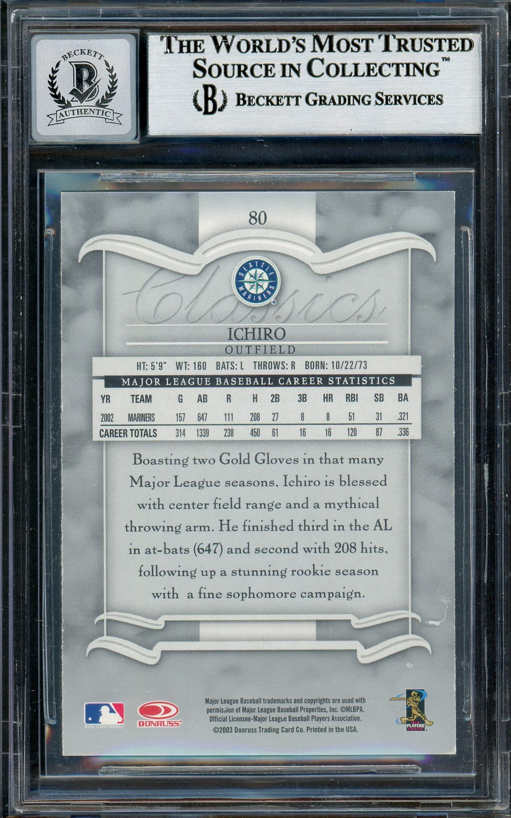 Ichiro Suzuki Signed 2003 Donruss Classics Card 80 Mariners Auto GM 10 Beckett