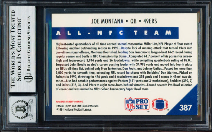 Joe Montana Signed 1991 Pro Set Card 387 San Francisco 49ers Auto GM 10 Beckett