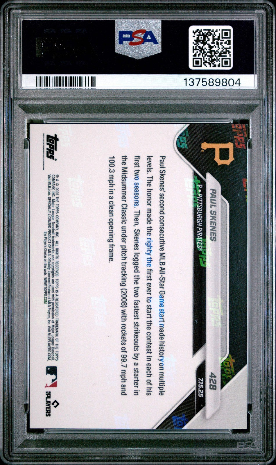 Graded 2025 Topps Now Paul Skenes #428 Baseball Card PSA 10 Gem Mint