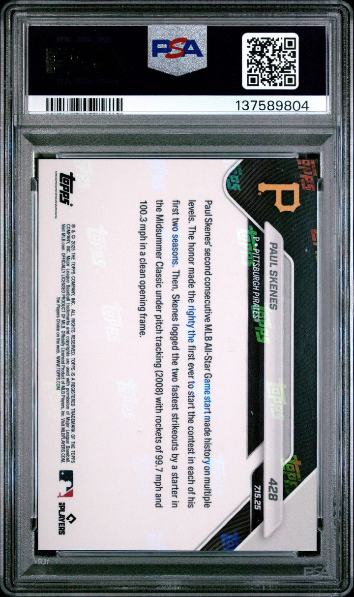 Graded 2025 Topps Now Paul Skenes #428 Baseball Card PSA 10 Gem Mint