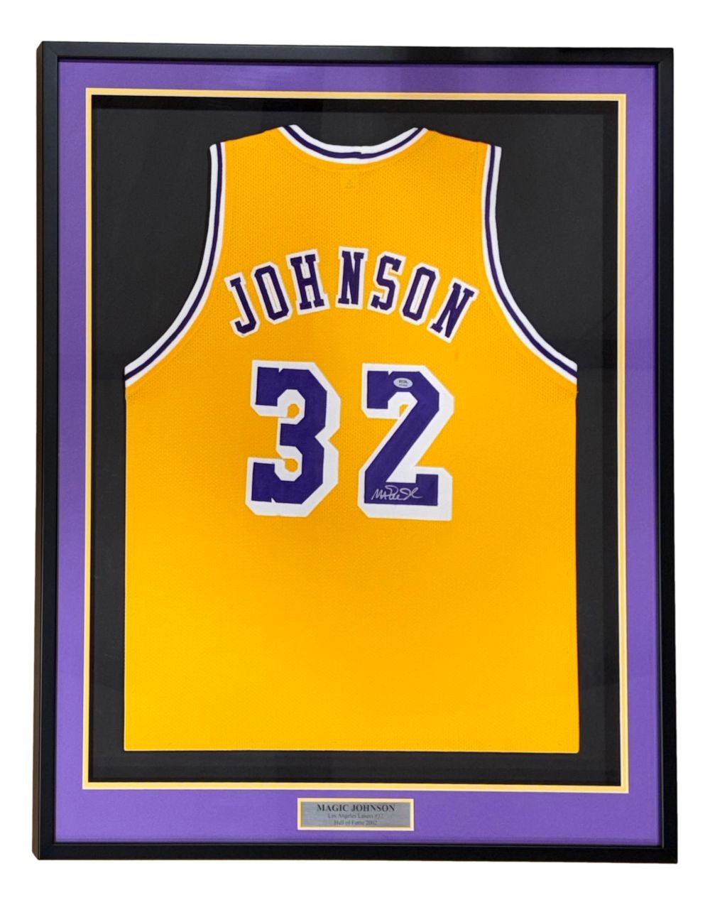 Magic Johnson Los Angeles Signed Framed Yellow Basketball Jersey PSA/DNA