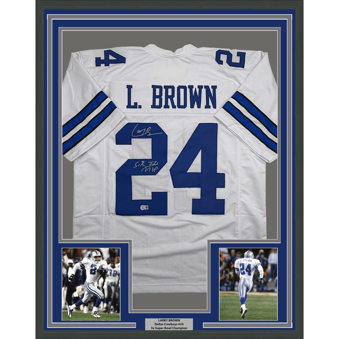 Framed Autographed Larry Brown 35x39 SB MVP Dallas White Football Jersey JSA COA