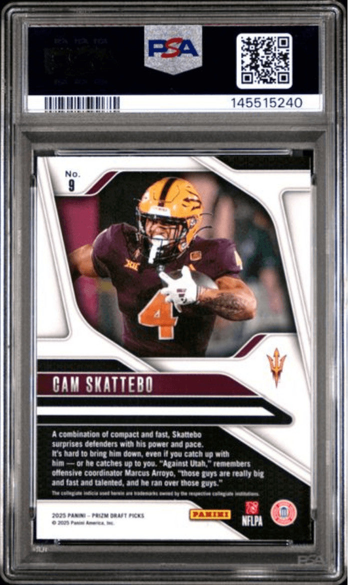 Graded 2025 Panini Prizm Draft Picks Cam Skattebo #9 Rookie Card PSA 10