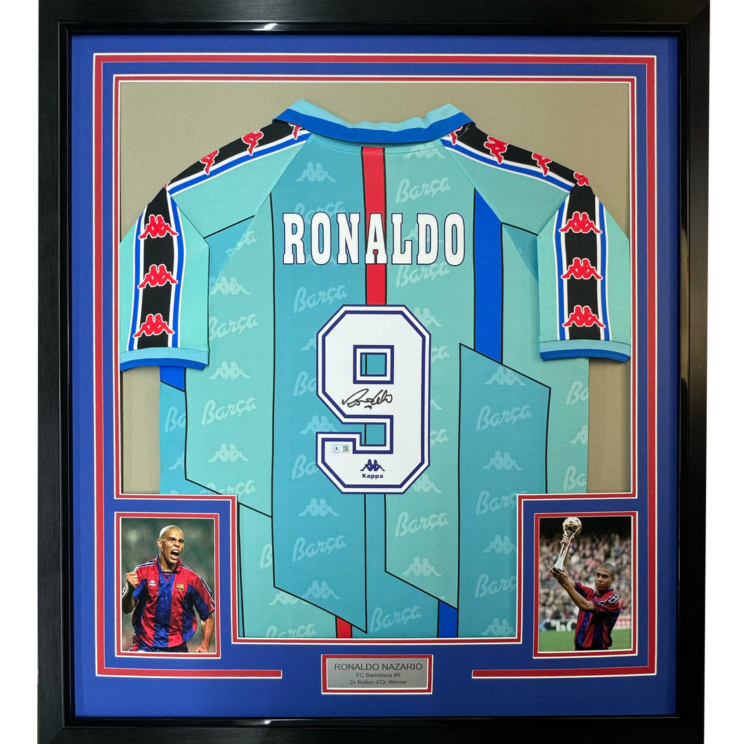 Framed Autographed/Signed Ronaldo Nazario 33x42 Barcelona Teal Jersey BAS COA