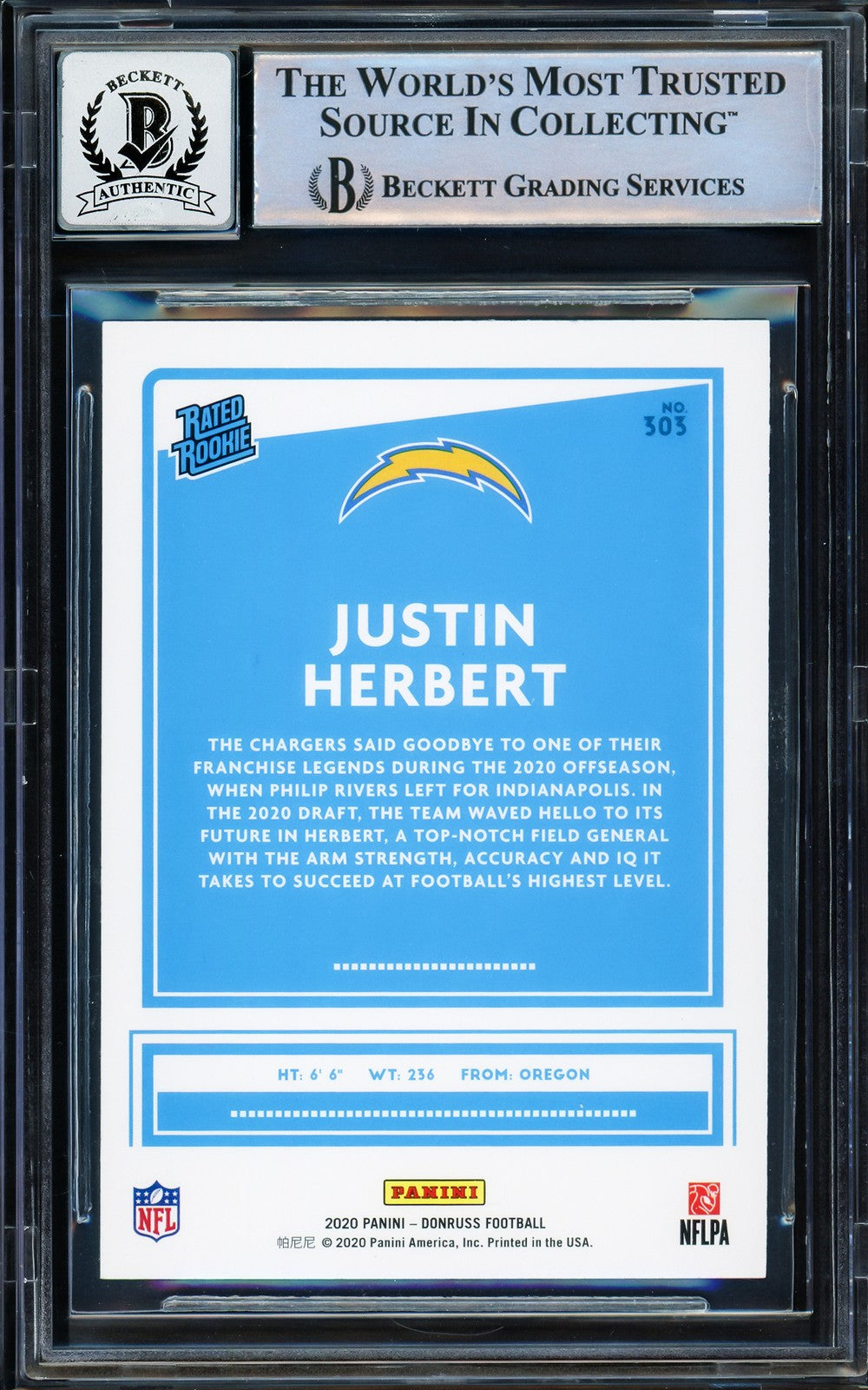 Justin Herbert Signed 2020 Donruss Rated RC 303 Chargers Auto GM 10 Beckett