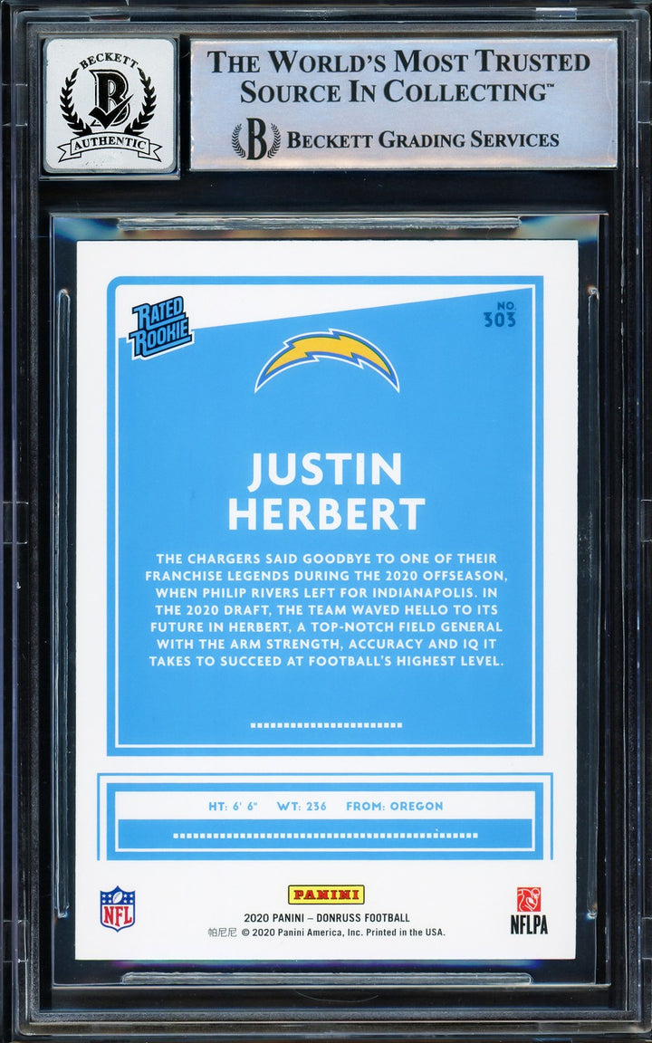 Justin Herbert Signed 2020 Donruss Rated RC 303 Chargers Auto GM 10 Beckett
