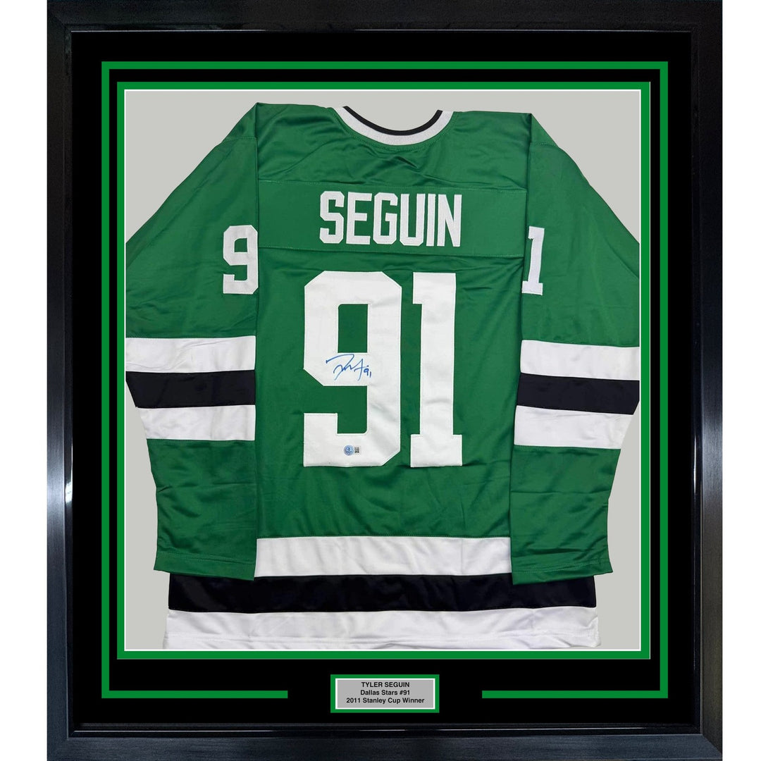 Framed Autographed/Signed Tyler Seguin 35x39 Dallas Green Jersey BAS COA