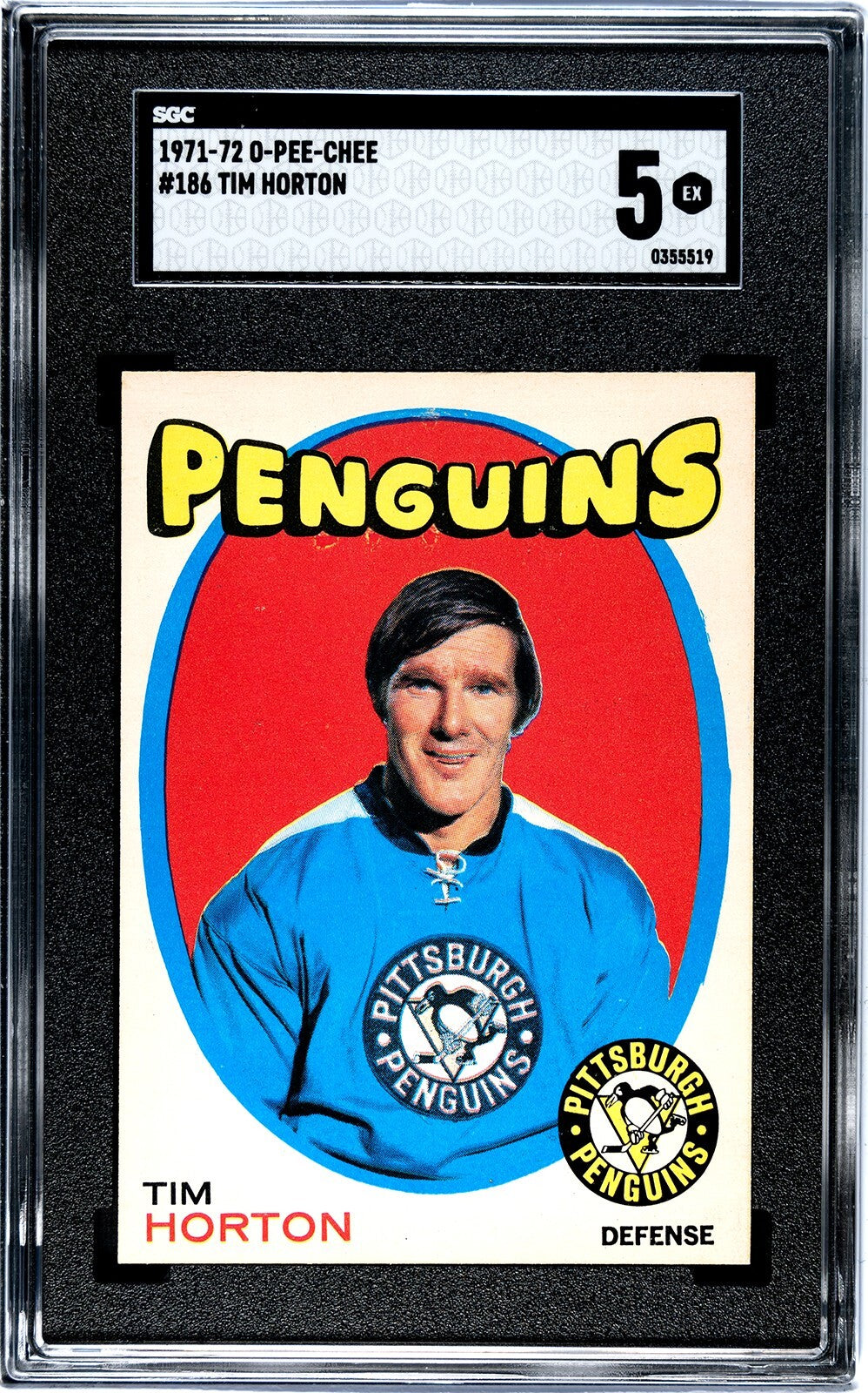 Tim Horton 1971-72 O-Pee-Chee Card #186- SGC Graded 5 EX (Pittsburgh Penguins)