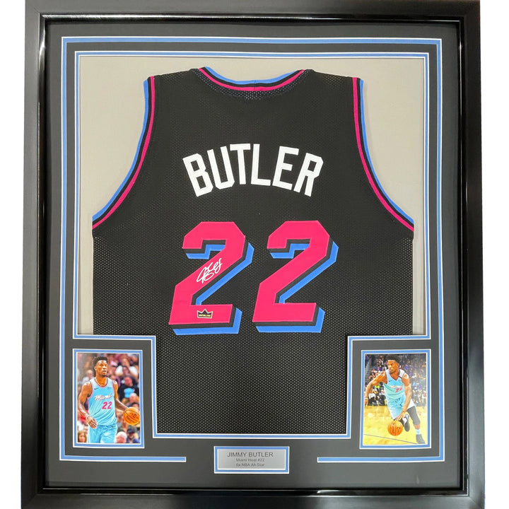 Framed Facsimile Autographed Jimmy Butler 33x42 Black City Reprint Laser Auto