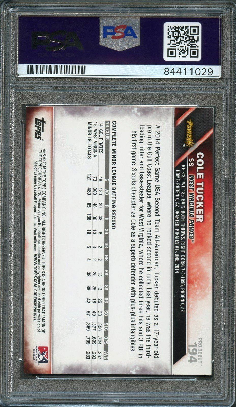 2016 Topps Pro Debut #194 Cole Tucker Signed Card PSA Slabbed Auto Grade 10 Pira
