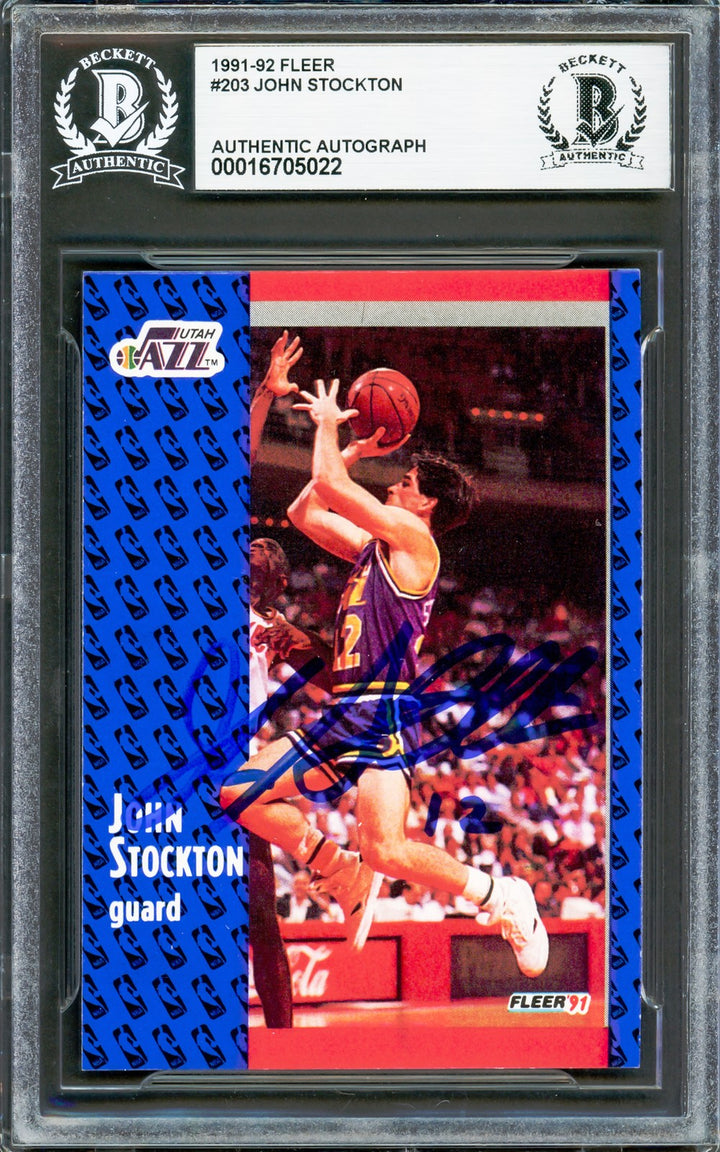 John Stockton Signed 1991-92 Fleer Card 203 Utah Jazz Beckett #16705022