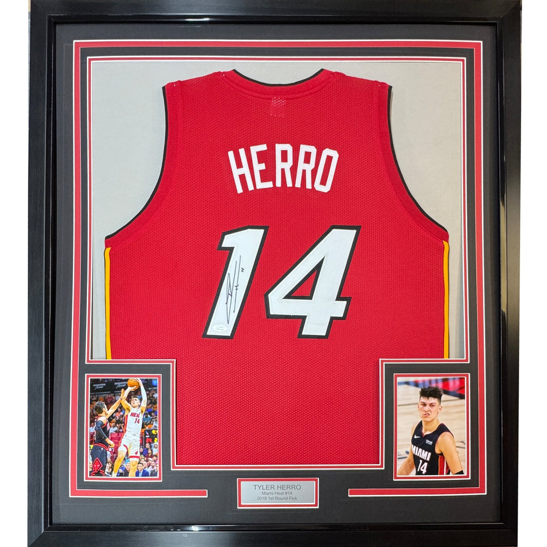 Framed Autographed/Signed Tyler Herro 33x42 Miami Red Jersey JSA COA