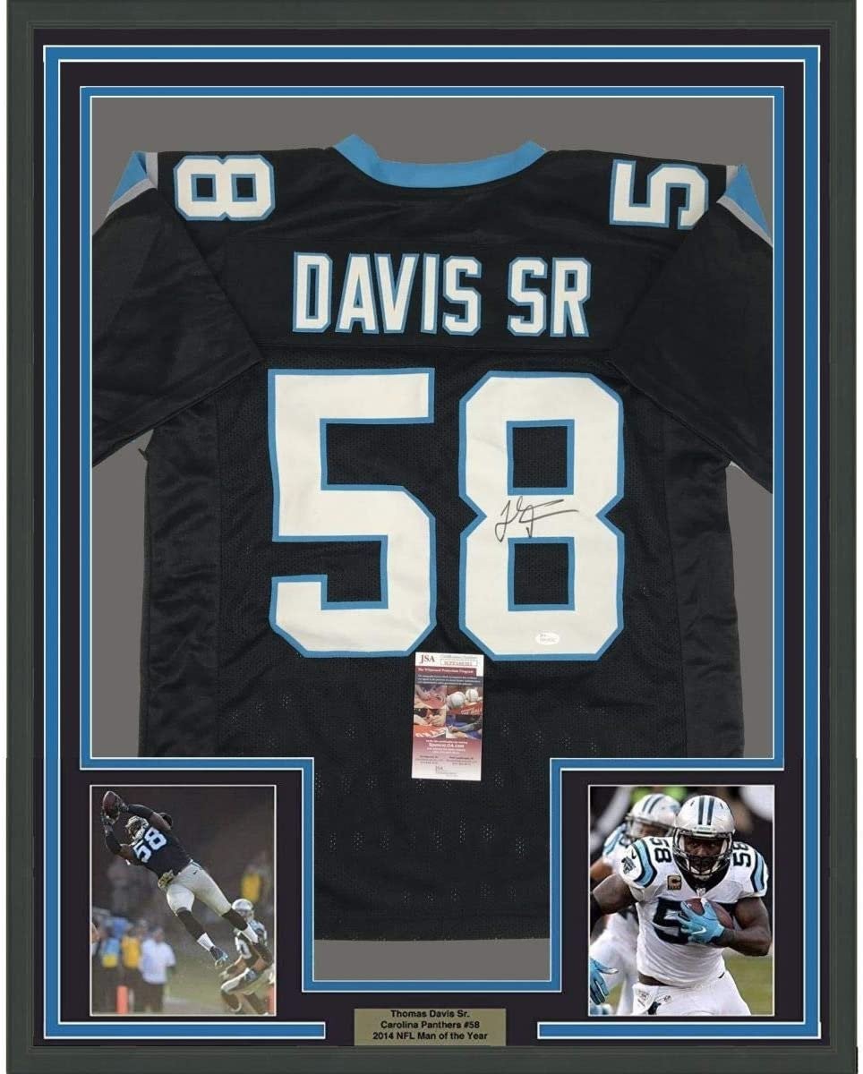 Framed Signed Thomas Davis Sr. 35x39 Carolina Black Jersey JSA COA