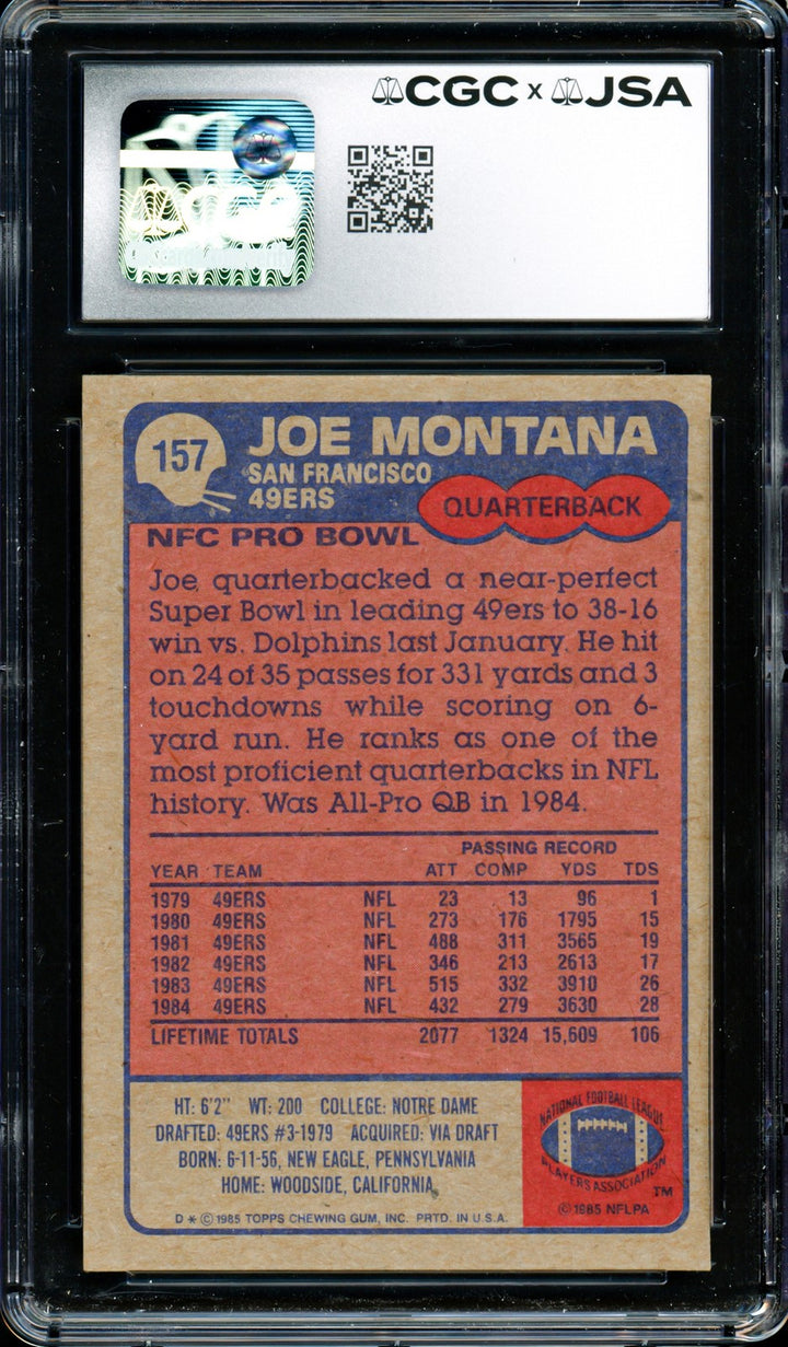 Joe Montana Signed 1985 Topps Card 157 49ers Grade 8 Auto GM 10 CGC x JSA