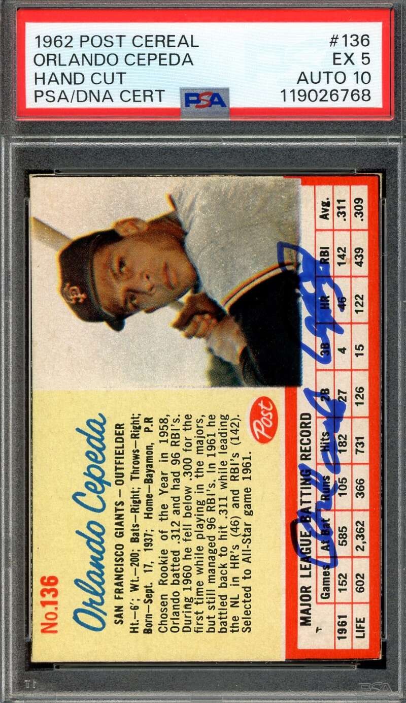Orlando Cepeda Gem Mint 10 PSA DNA Signed 1962 Post Cereal Autograph