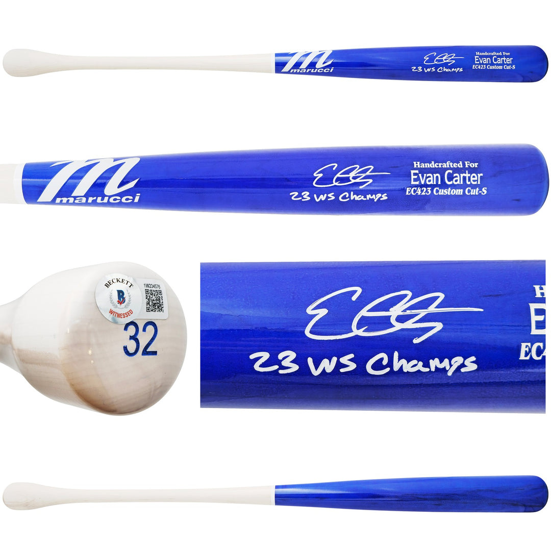 Evan Carter Auto Blue Marucci Player Model Baseball Bat Rangers 23 WS Champ BAS