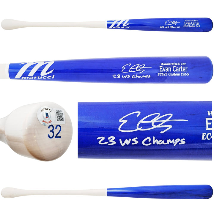 Evan Carter Auto Blue Marucci Player Model Baseball Bat Rangers 23 WS Champ BAS