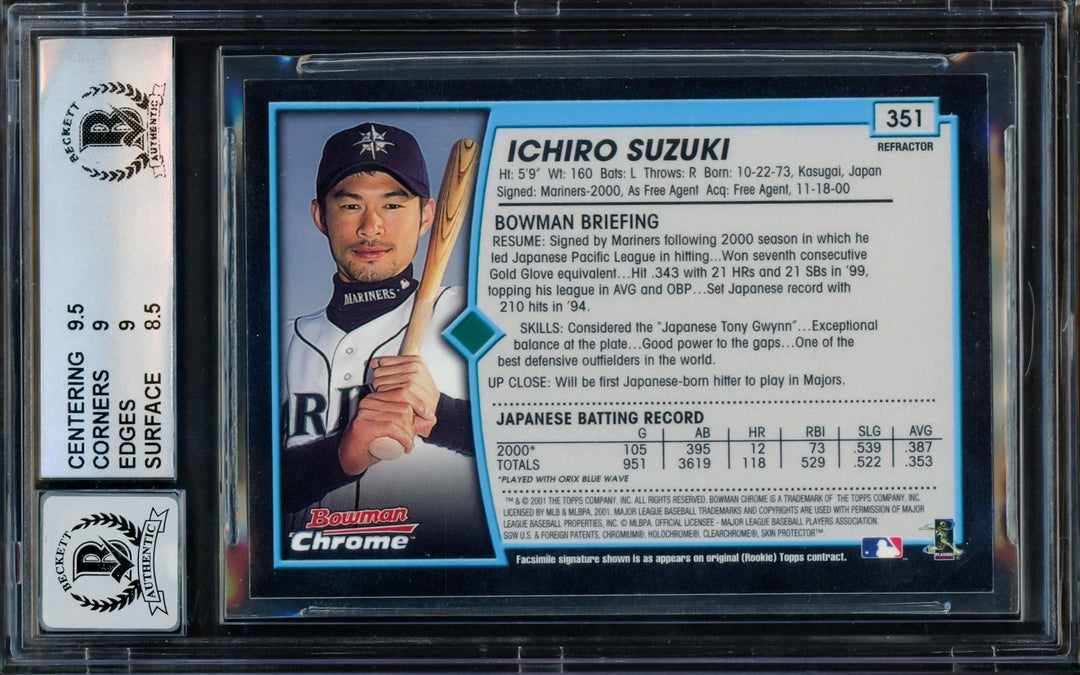 Ichiro Suzuki Signed 2001 Bowman Chrome RC 351A BGS 9 Sig 10 01 ROY/MVP Beckett