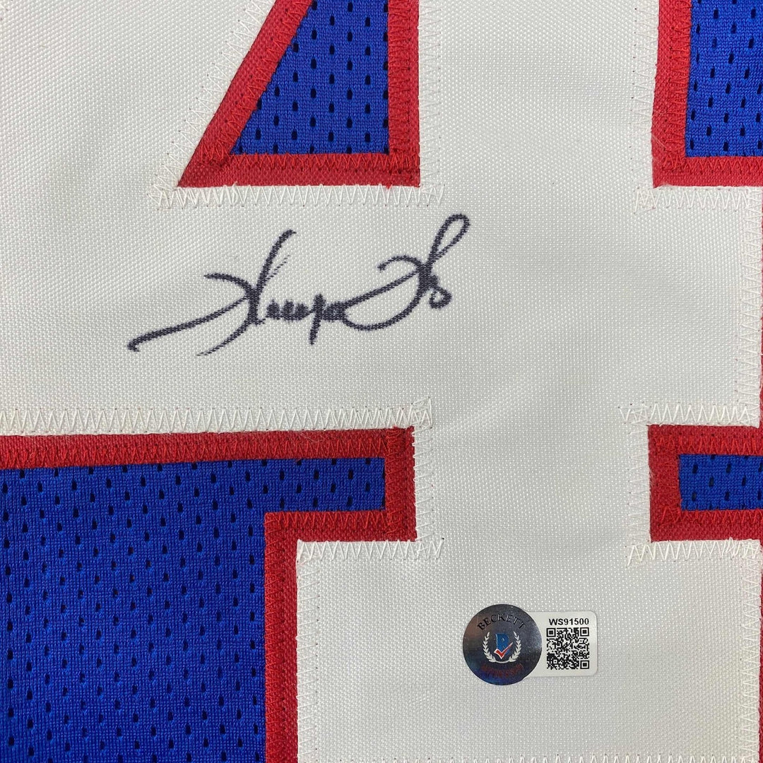 Autographed/Signed Thurman Thomas Buffalo Blue Stat Jersey Beckett BAS COA