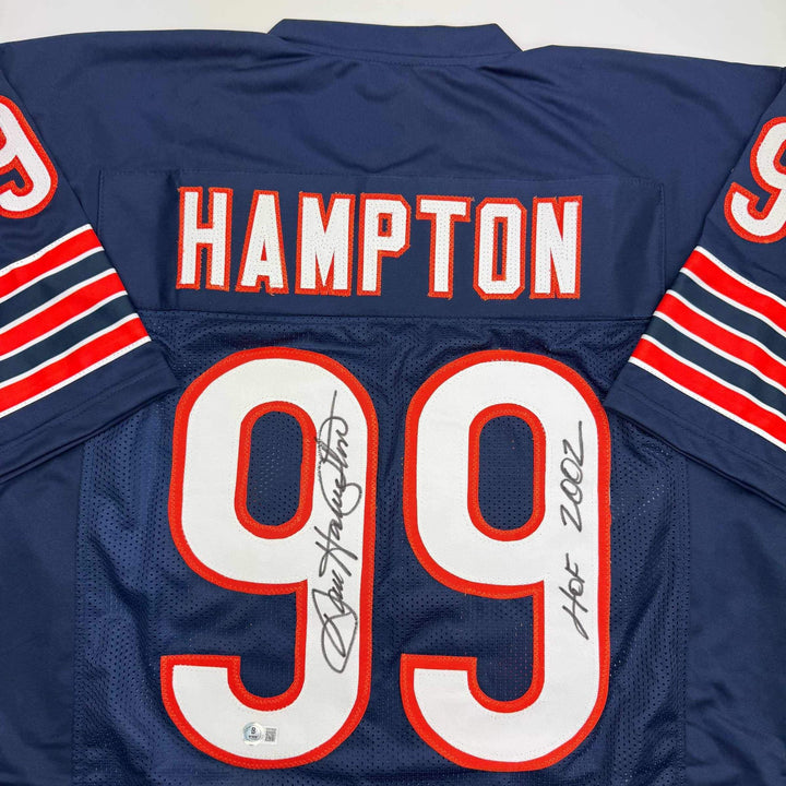 Autographed/Signed DAN HAMPTON HOF 2002 Chicago Blue Football Jersey JSA COA