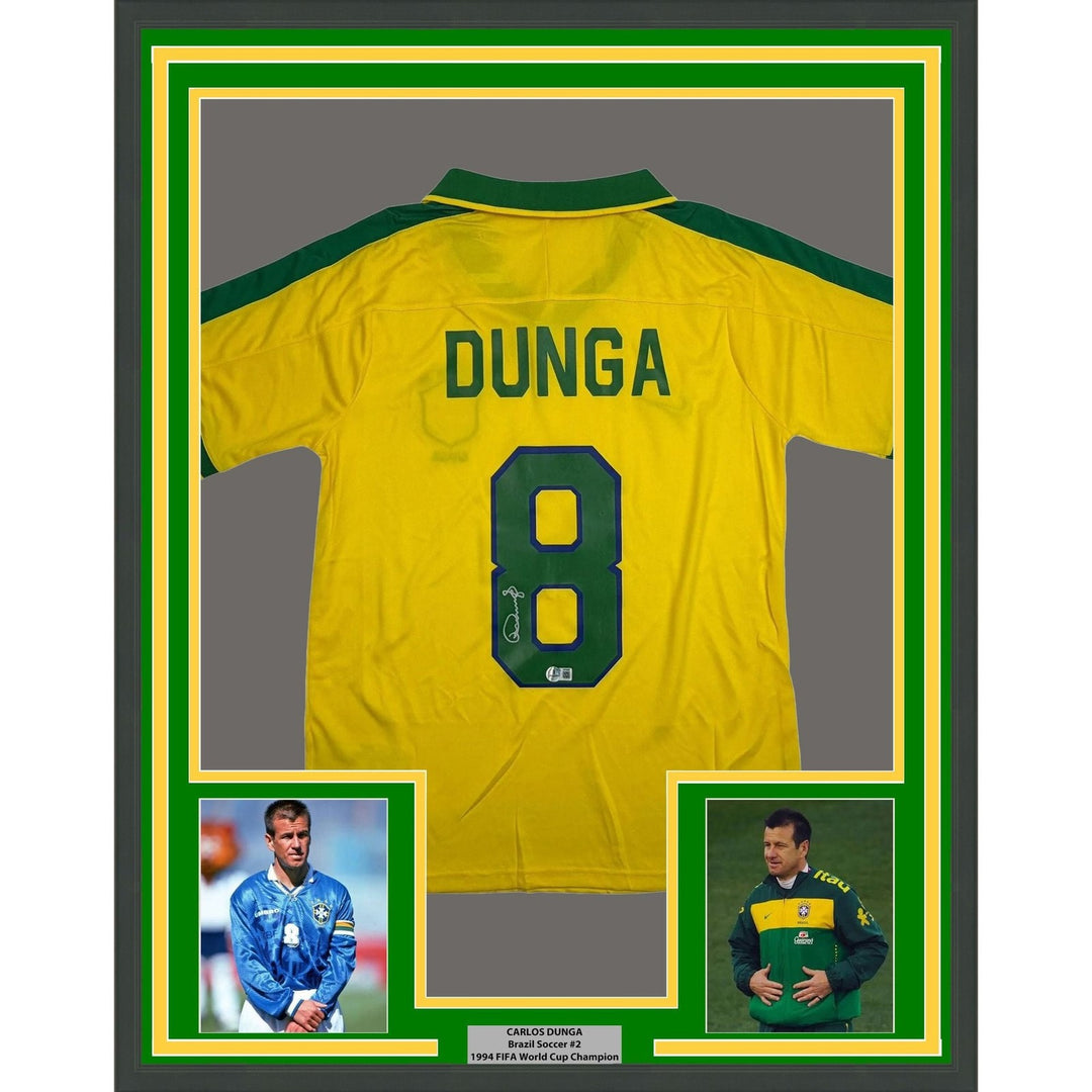 Framed Autographed/Signed Carlos Dunga 35x39 Brazil Yellow Jersey BAS COA
