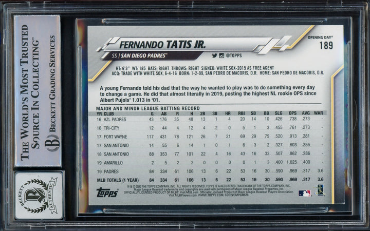 Fernando Tatis Jr. Auto 2020 Topps Opening Day Card 189 Padres Auto 10 Beckett