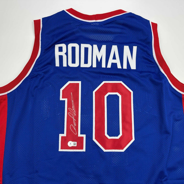 Autographed/Signed Dennis Rodman Detroit Blue Jersey Beckett BAS COA