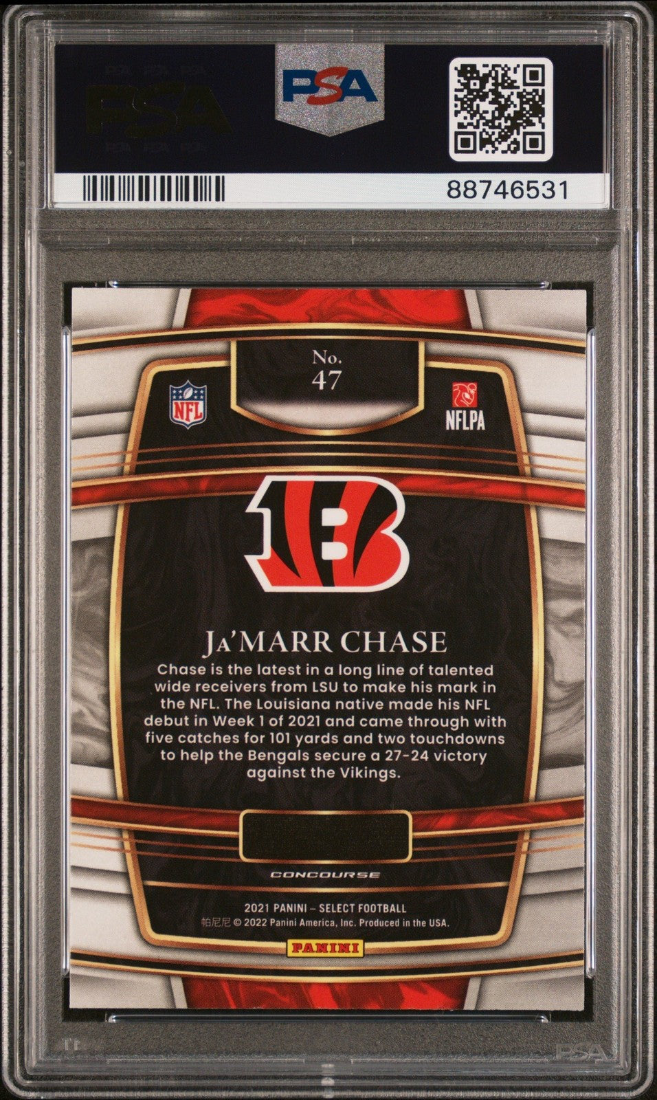 Graded 2021 Panini Select Ja'Marr Chase #47 Rookie RC Football Card PSA 10