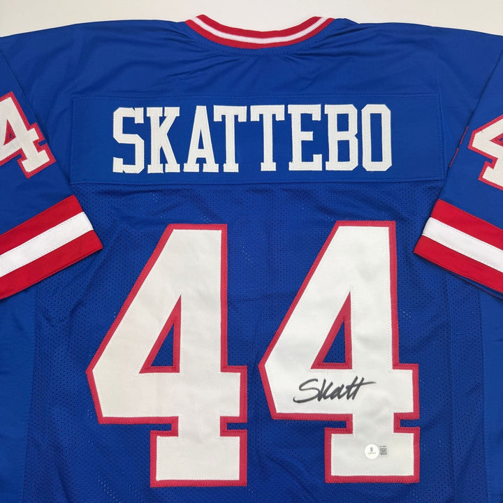 Autographed/Signed Cam Skattebo New York Blue Retro Football Jersey BAS COA