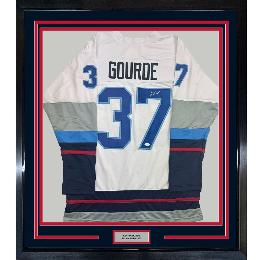 Framed Autographed/Signed Yanni Gourde 35x39 Seattle White Jersey JSA COA