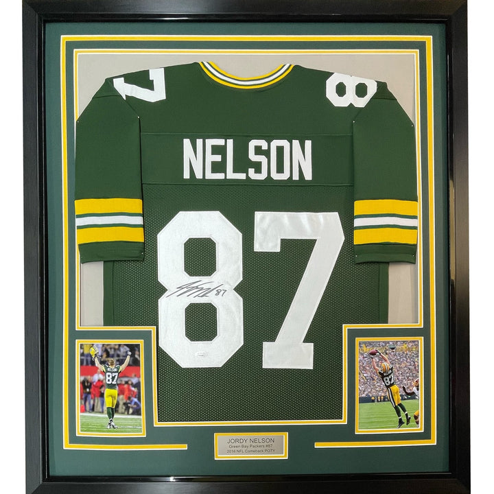 FRAMED Autographed/Signed JORDY NELSON 33x42 Green Jersey Beckett COA