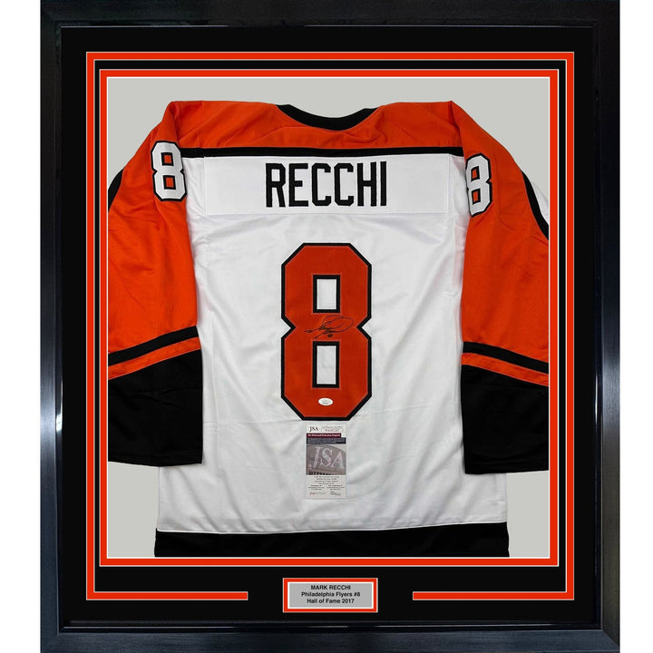Framed Signed Mark Recchi 35x39 Philadelphia White Jersey JSA COA