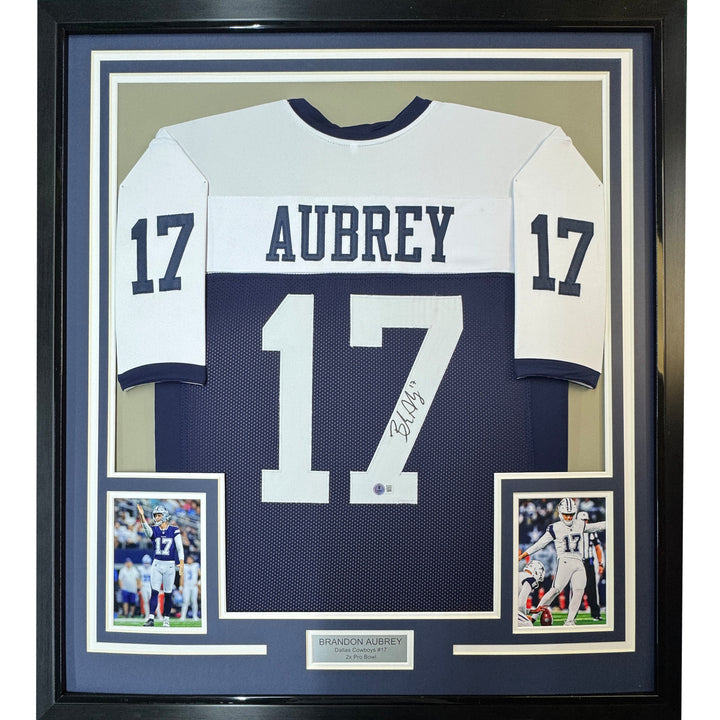 Framed Autographed/Signed Brandon Aubrey 35x39 Dallas Football Jersey BAS COA