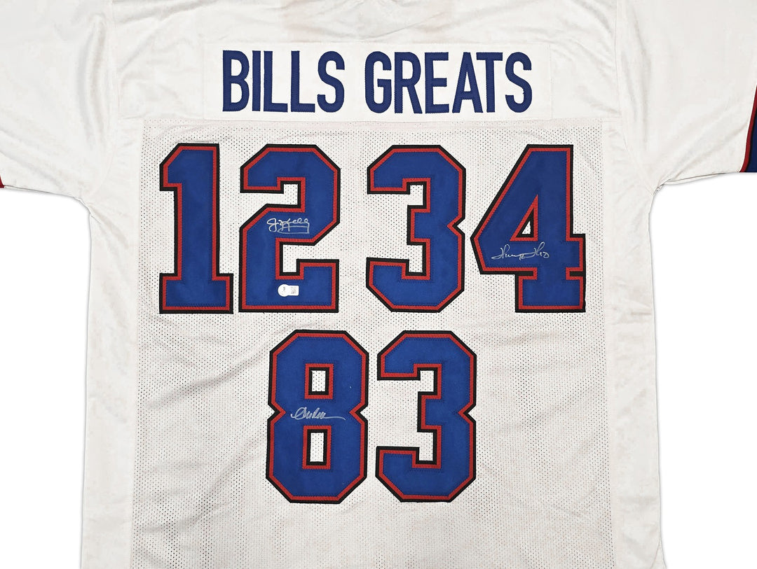 Bills Jim Kelly, Thurman Thomas & Andre Reed Signed White Jersey Beckett Witness