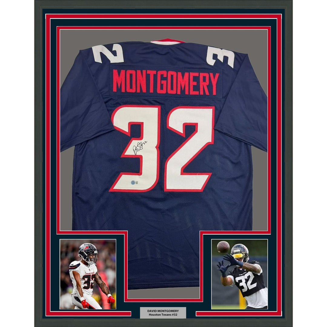 Framed Autographed/Signed David Montgomery 35x39 Blue Jersey Beckett COA