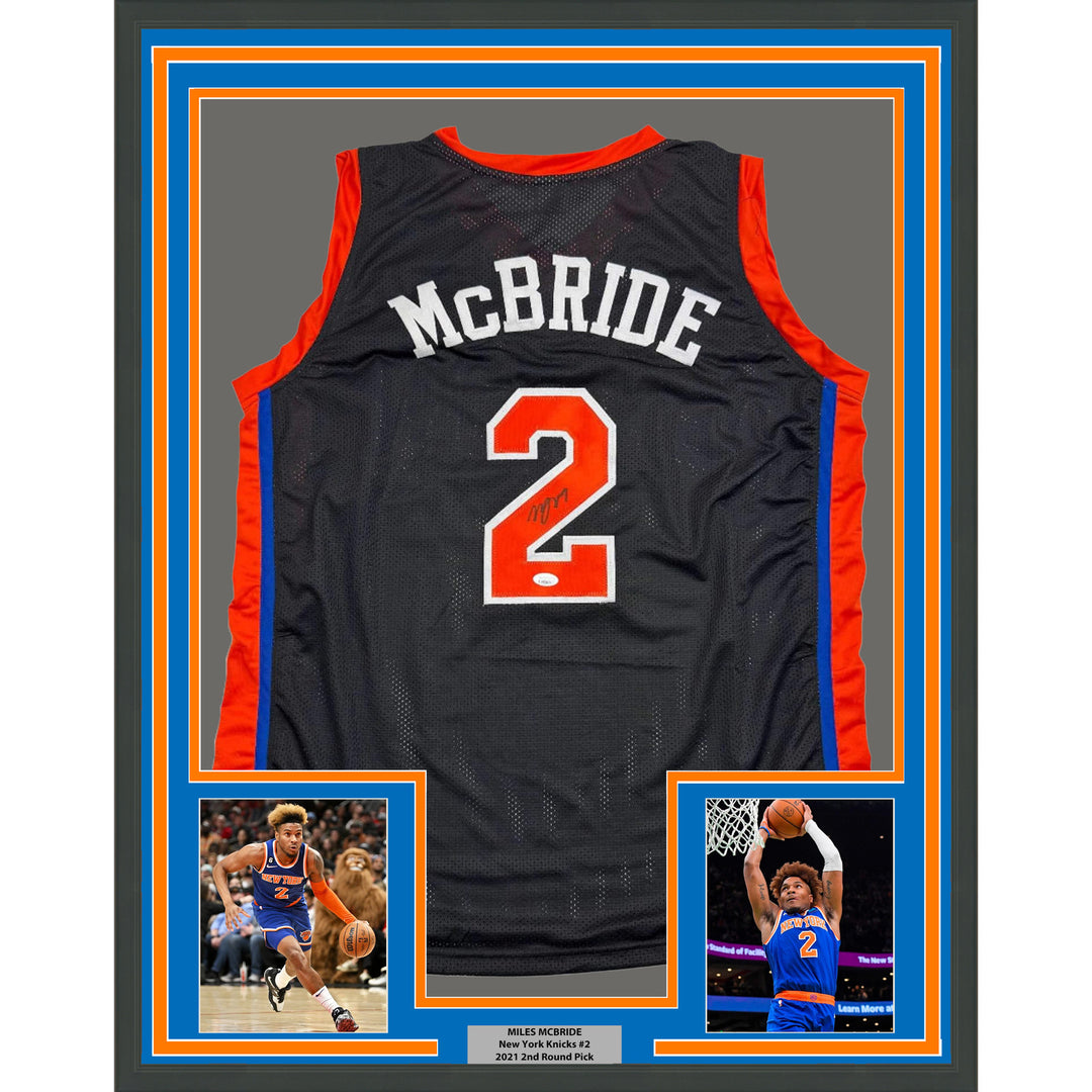 Framed Autographed/Signed Deuce Miles McBride 35x39 NY Black Jersey JSA COA