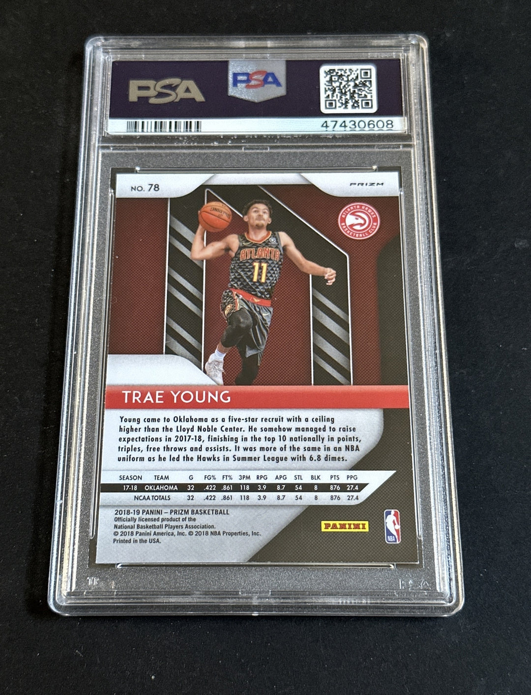 2018-19 Panini Prizm #78 Trae Young Silver Prizm Rookie PSA 9 Mint Rc Hawks